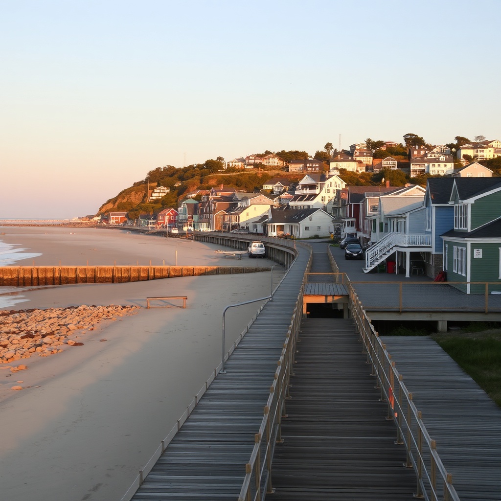 Coastal town at sunset, empty boardwalk and colorful houses