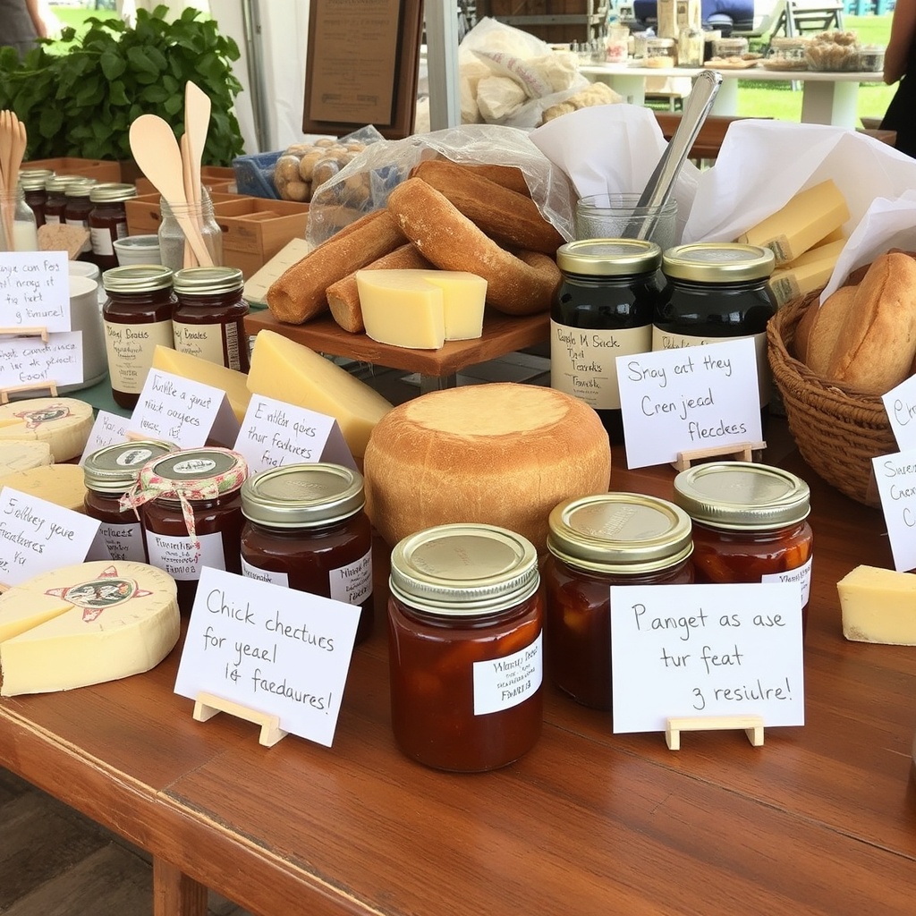 Farmer's market table with regional foods and travel tips