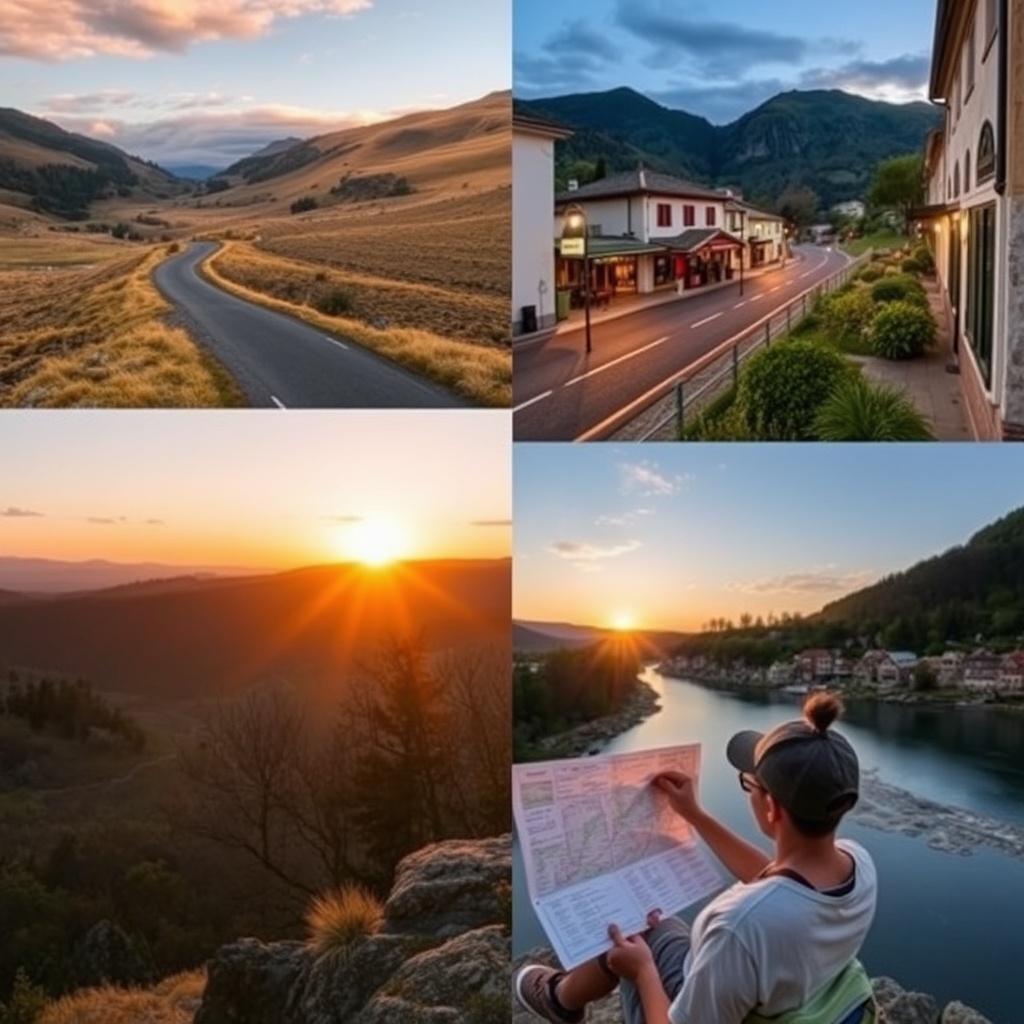 Collage of landscapes, a country road, small-town streets, a traveler with a map, and a riverside viewpoint at sunset