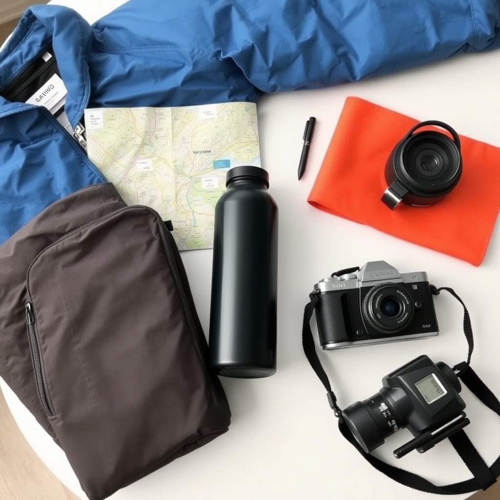 Neatly arranged travel essentials on a table