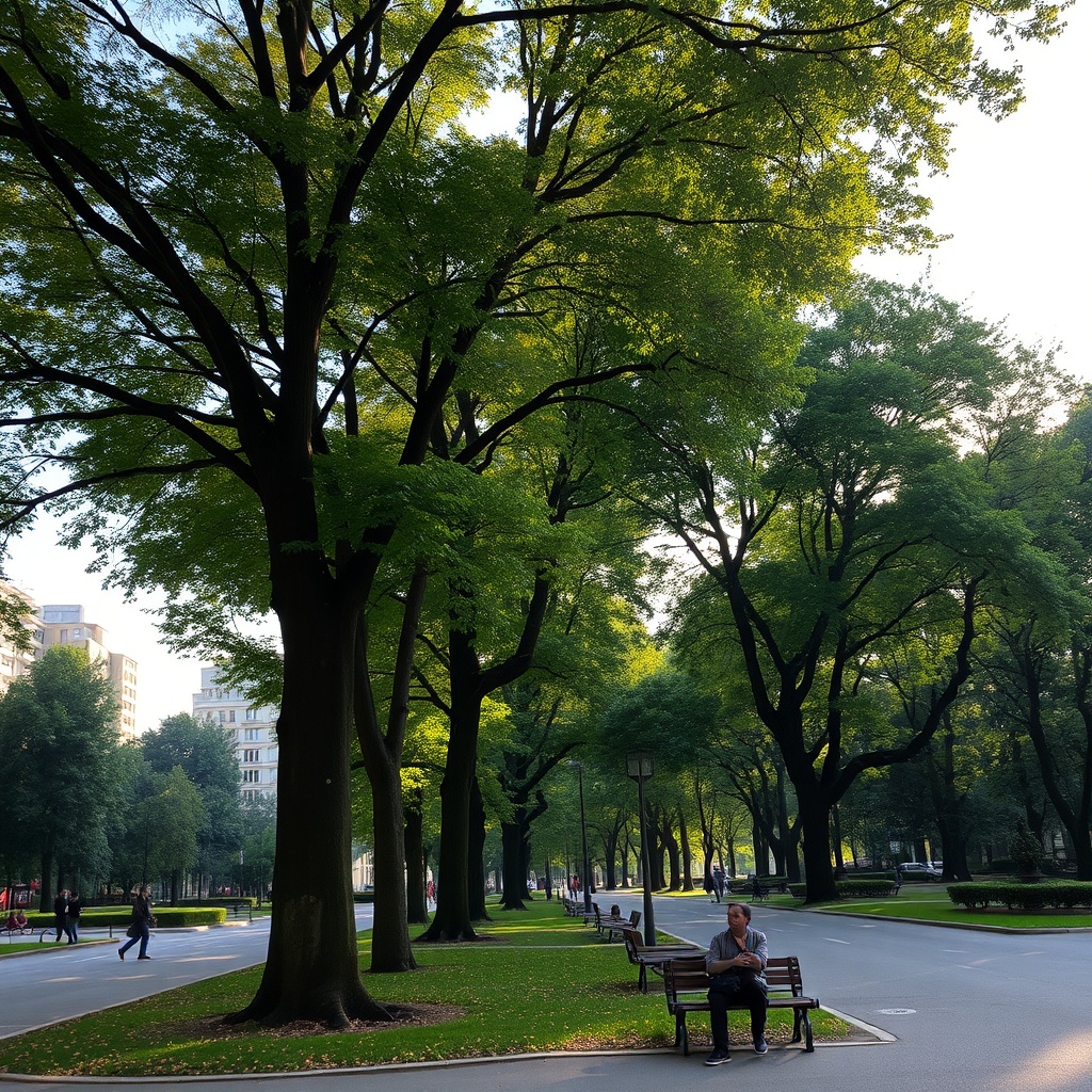 Tree-lined urban park in afternoon light