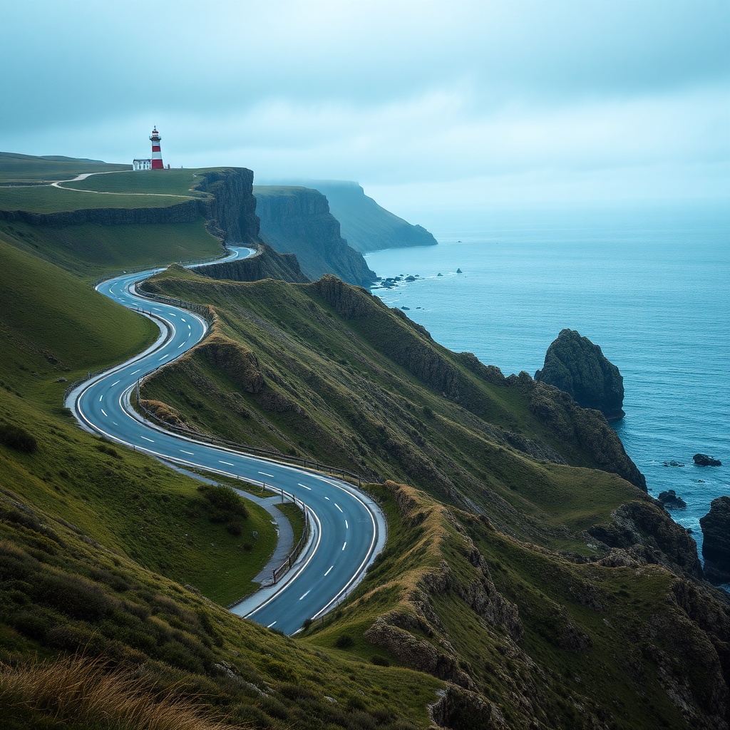 Scenic coastal road and lighthouse