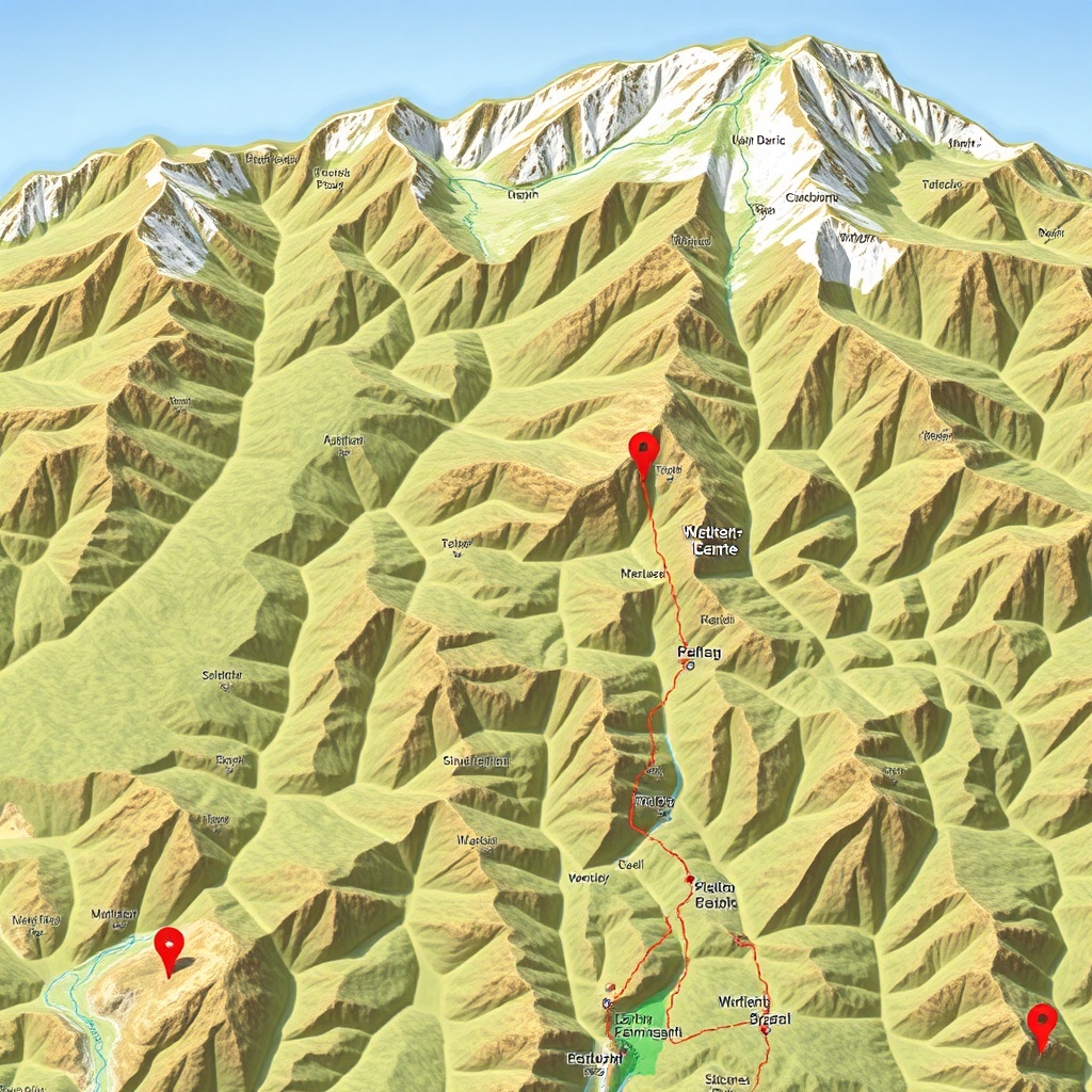 Regional map with marked trails and points of interest