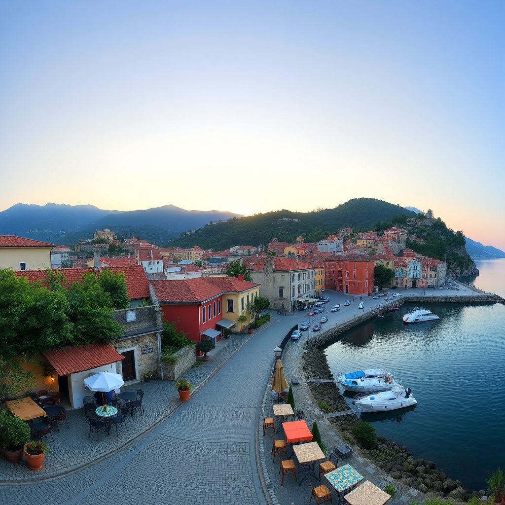 Sunrise over a tranquil seaside town with cobblestone streets and a calm harbor