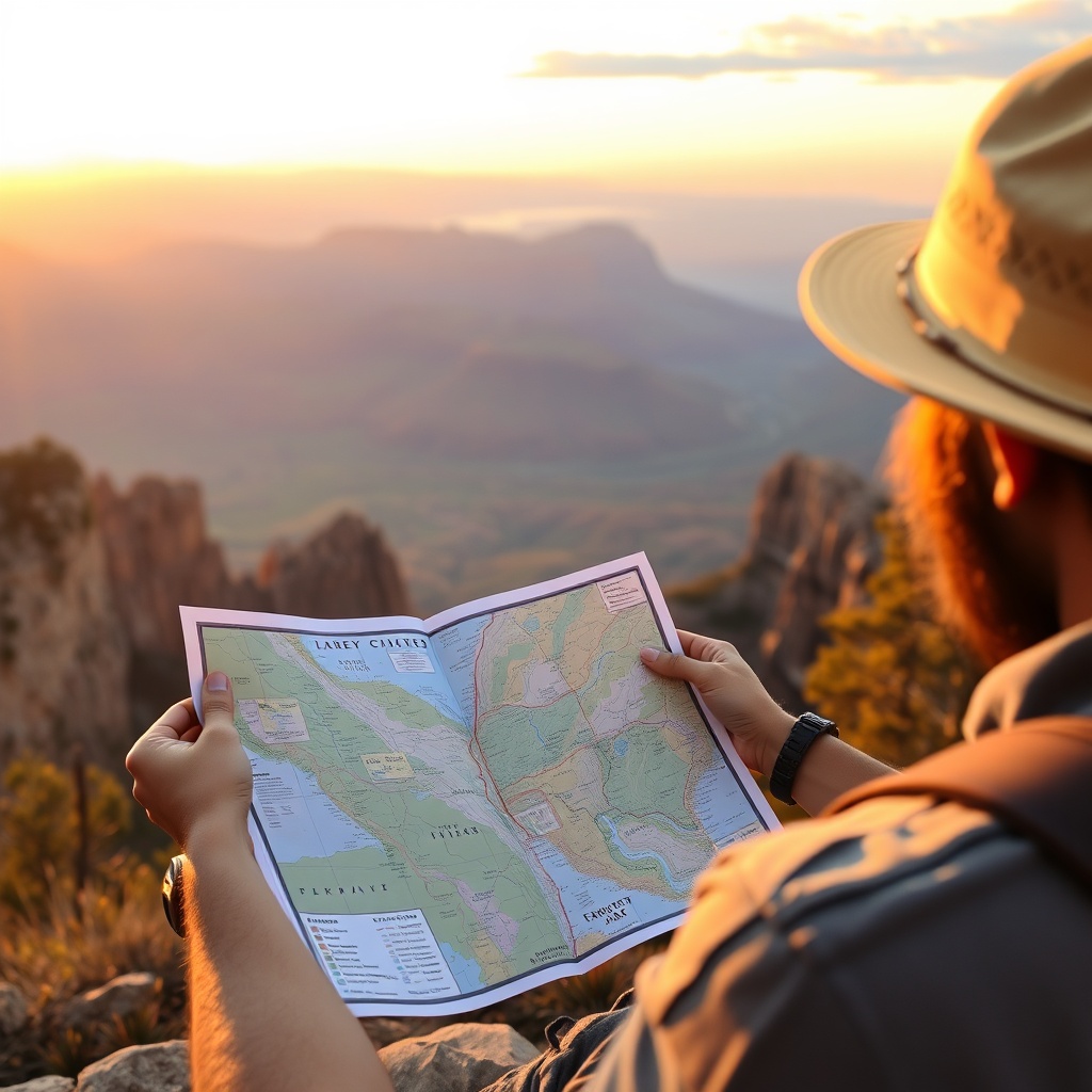 Traveler with map at scenic overlook