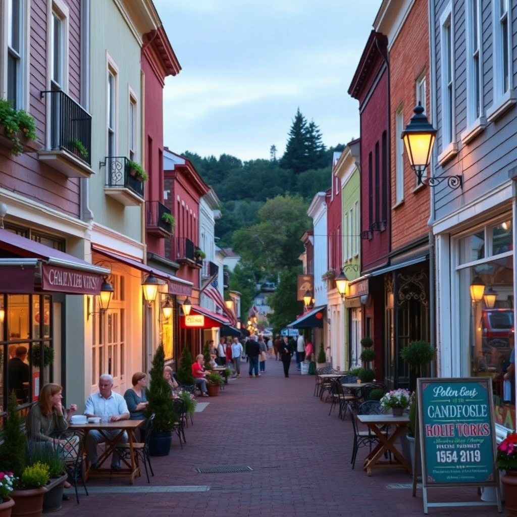 Charming small-town main street at dusk