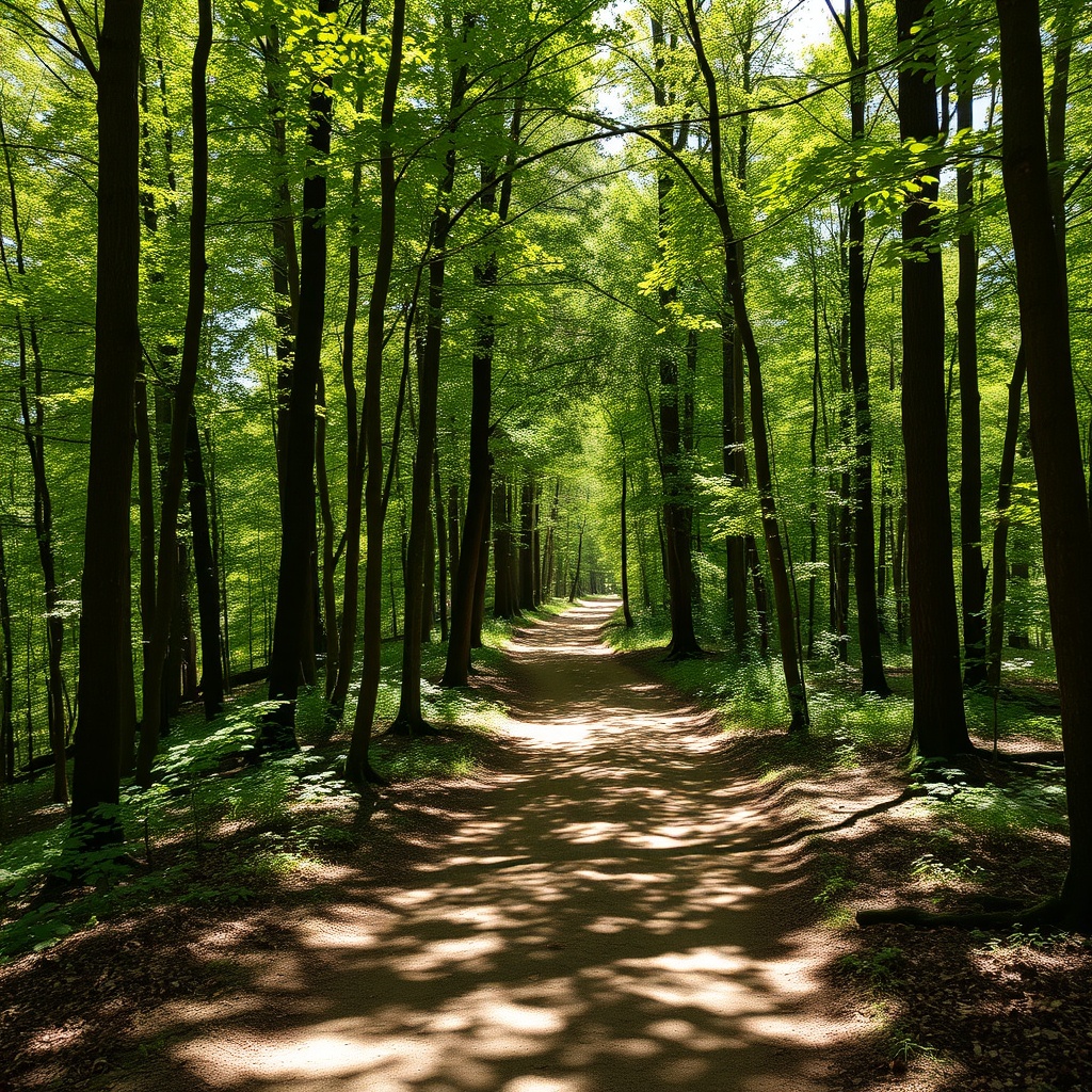 Shaded forest trail with sunlight filtering through trees