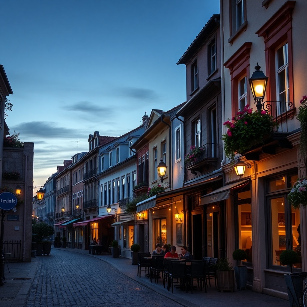 Cozy small-town street with cafés and historic facades