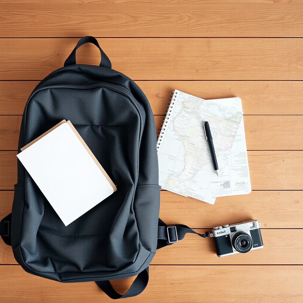 Backpack, map, notebook, and camera flat lay