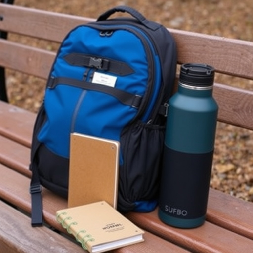 Daypack with journal and water bottle